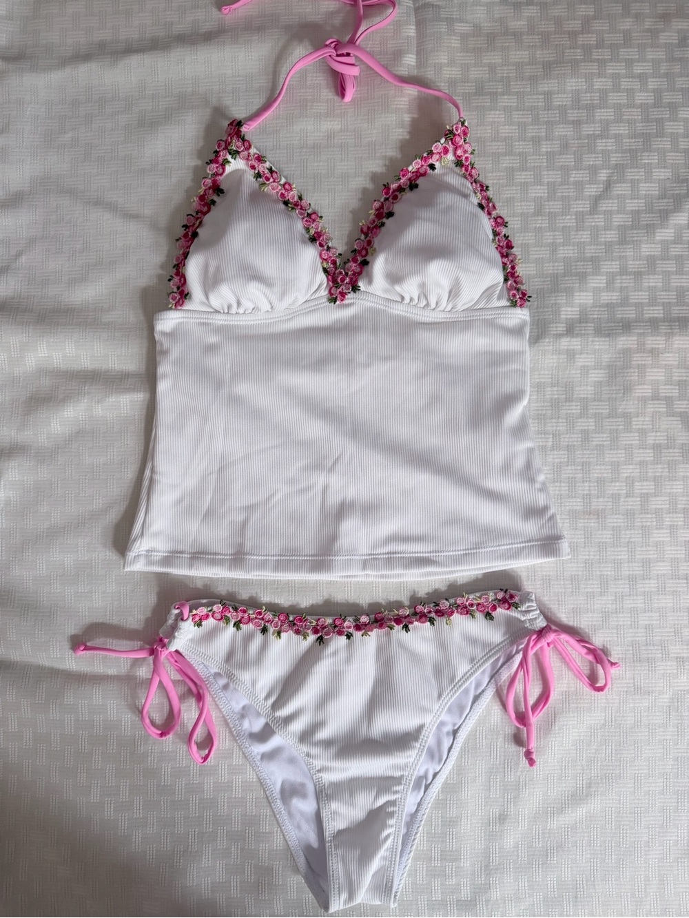 Women's White Tankini Set with Pink Floral Trim